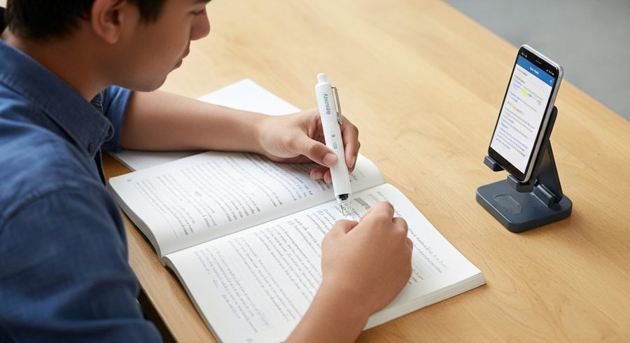 Student using Granthify Scan Pen with companion app