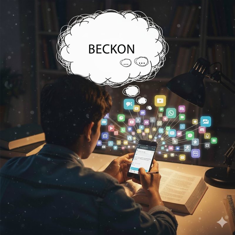 Student distracted by phone while studying